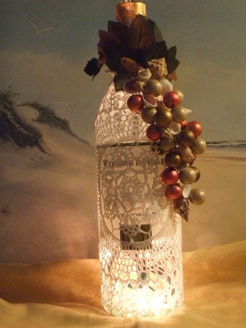 Upcycled Crochet Covered Wine Bottle Lamp - Standard size 750 ml