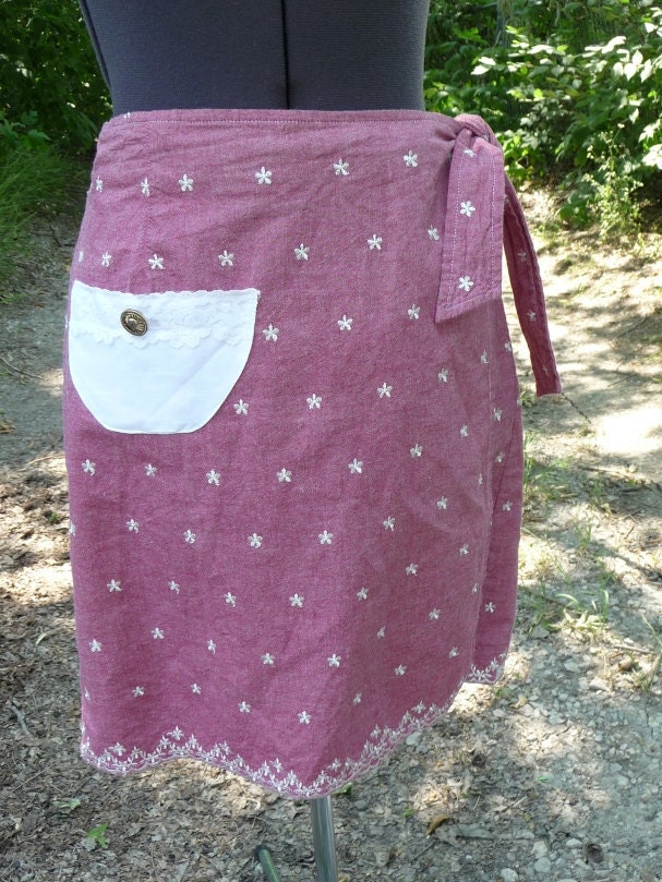 Pink Wrap Skirt Handmade Skirt Upcycled Recycled Skirt White Lace Pocket Vintage Plastic Button Embroidery Unique Clothing