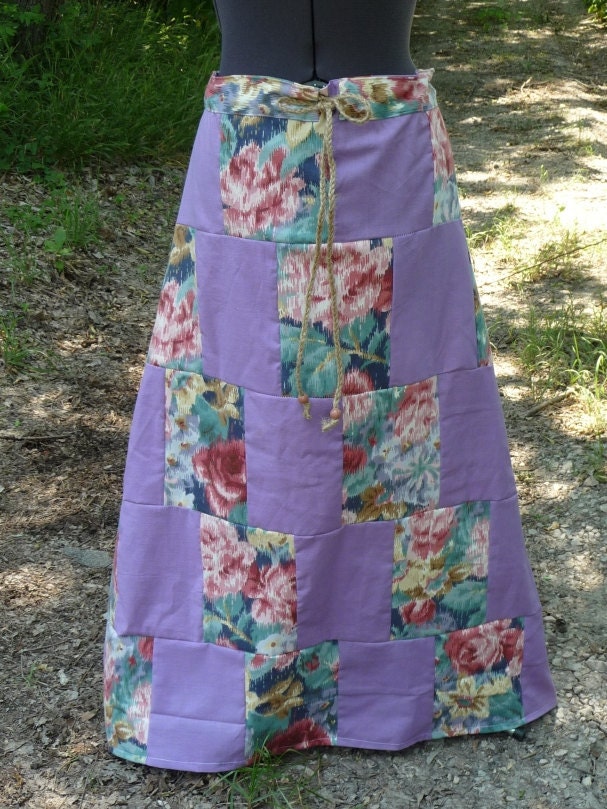 Long Patchwork Skirt Handmade Purple Pink Vintage Fabrics Drawstring Waist Wooden Beads Long Skirt Unique Clothing