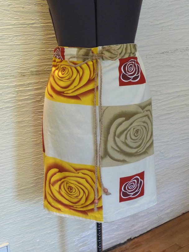 Rose Skirt Roses Handmade Skirt Unique Clothing Drawstring Waist Wooden Beads Recycled Fabrics Earth Friendly