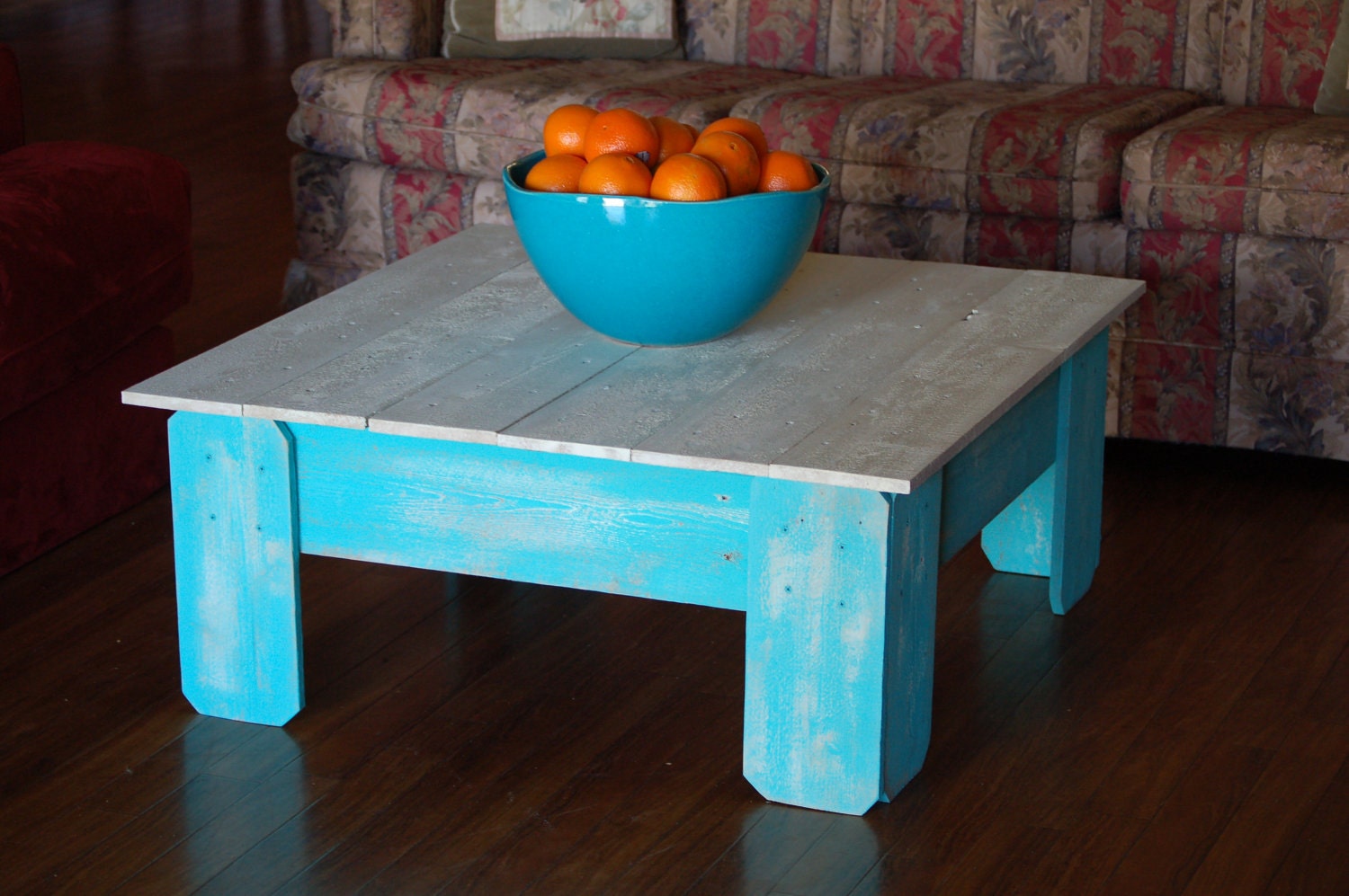Large Coffee Table Farmhouse Table Square Table Wood Table Teal and White Table Distressed Blue Table Beach House Table 36x36x15