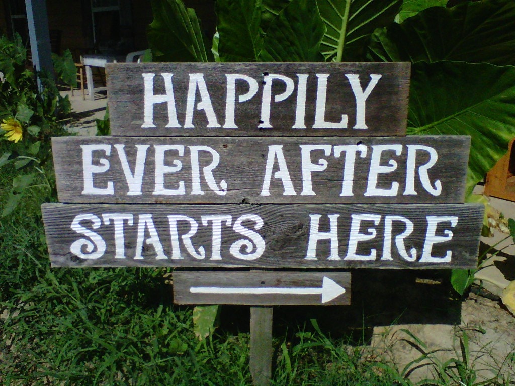 Rustic Wedding Signs LARGE FONT Recycled Wood. Happily Ever After Starts Here. With 1 stake. Directional Arrow