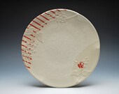Large handmade plate Serving / dinner dish Victorian modern in Ivory white w. Cherry red stripes & polka dot