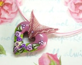 Jewelry Polymer clay hollow heart  pendant flowers on pink beadwork bail necklace by Artefyk