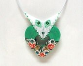Jewelry necklace Pendant polymer clay handmade hollow heart green white beadwork bailby Artefyk