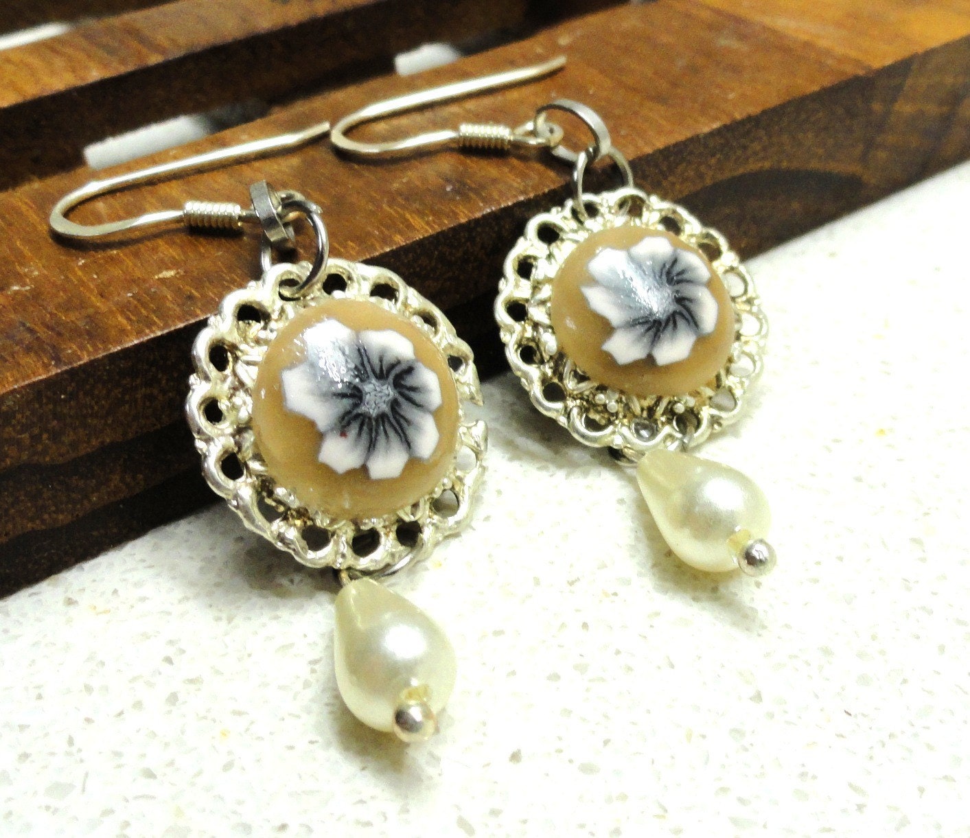 Jewelry Polymer clay earrings black and white flowers  in silver toned filigree frame handmade by artefyk