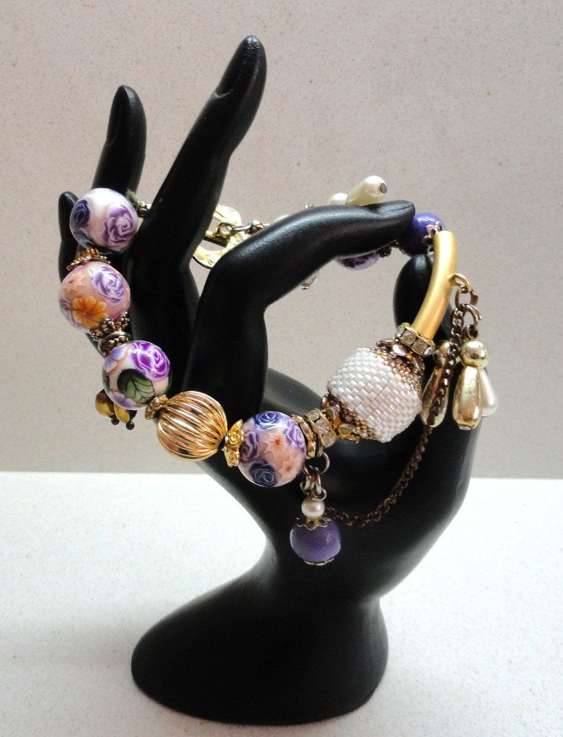 Jewelry bracelet Handmade of Polymer clay  in purple white and gold OOAK by artefyk