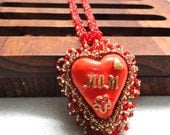 Jewelry necklace Handmade polymer clay pendant heart  orange beadwork MOM mother's day jewelry by artefyk