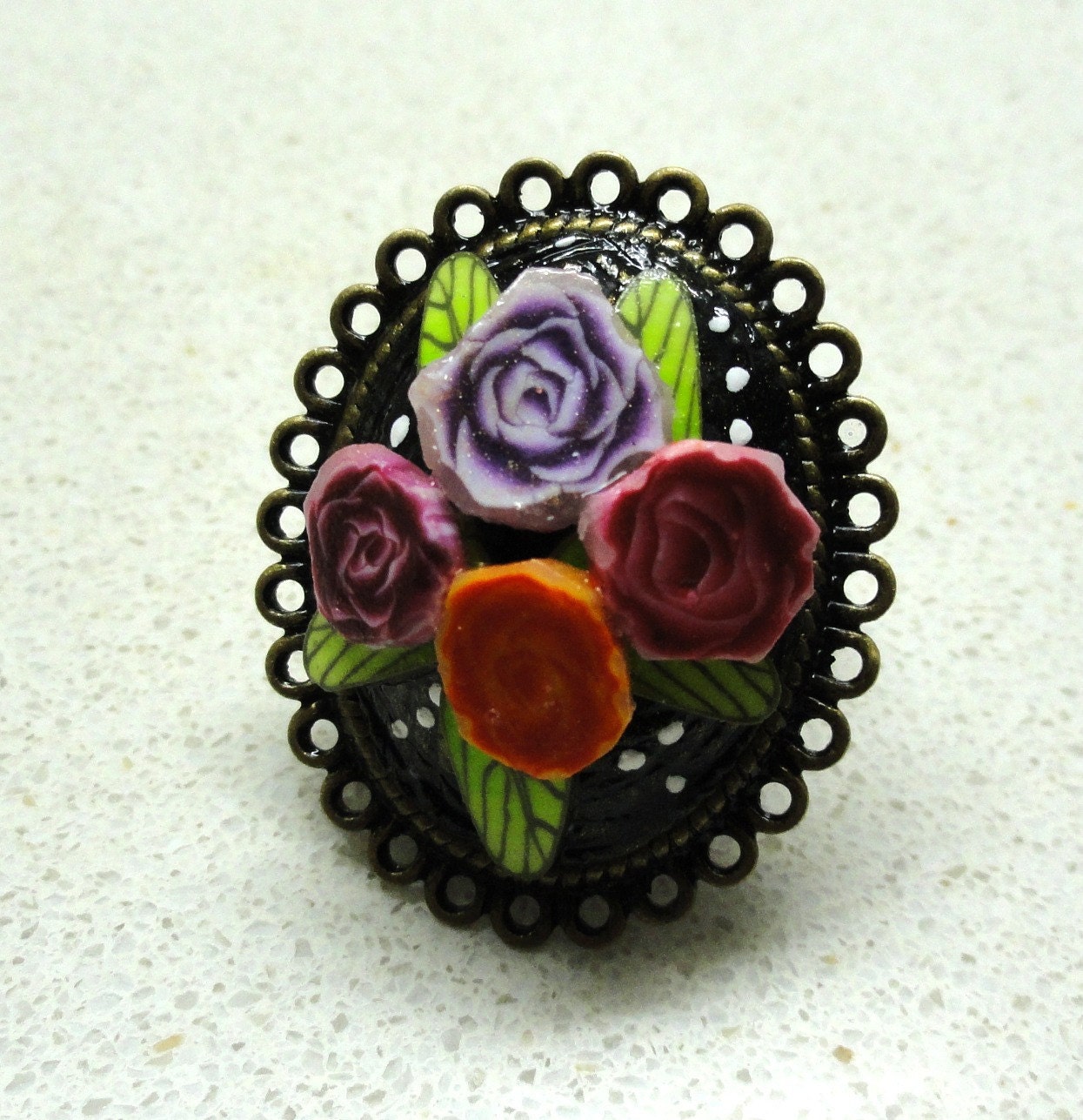 Roses adjustable ring handmade polymer clay purple red orange by Artefyk