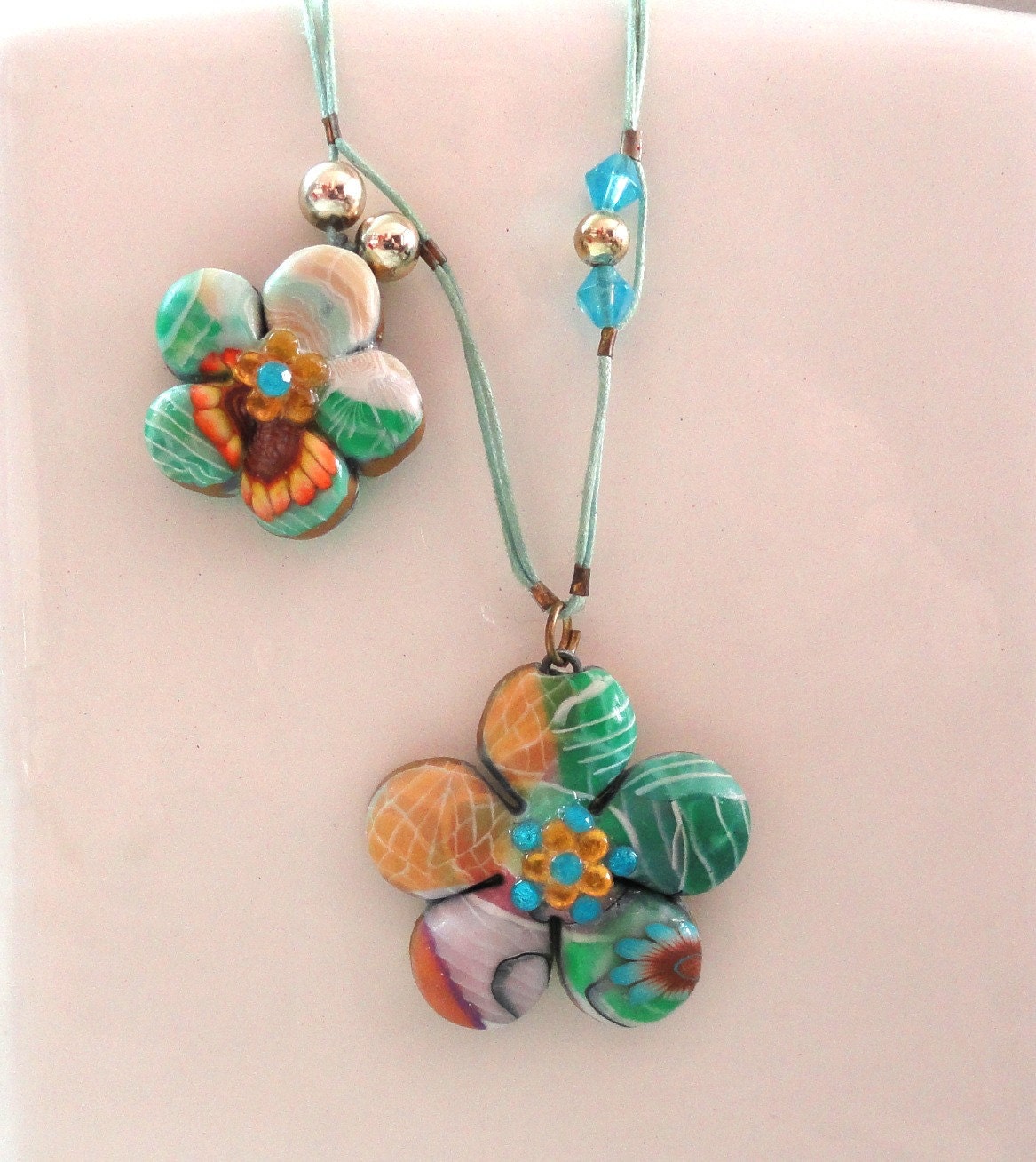 Jewelry necklace Handmade turquoise orange and green pendants polymer clay flowers OOAK by artefyk