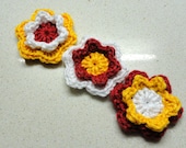 Supplies jewelry flowers Three crocheted 2D flowers applique handmade in yellow, red and white by Artefyk