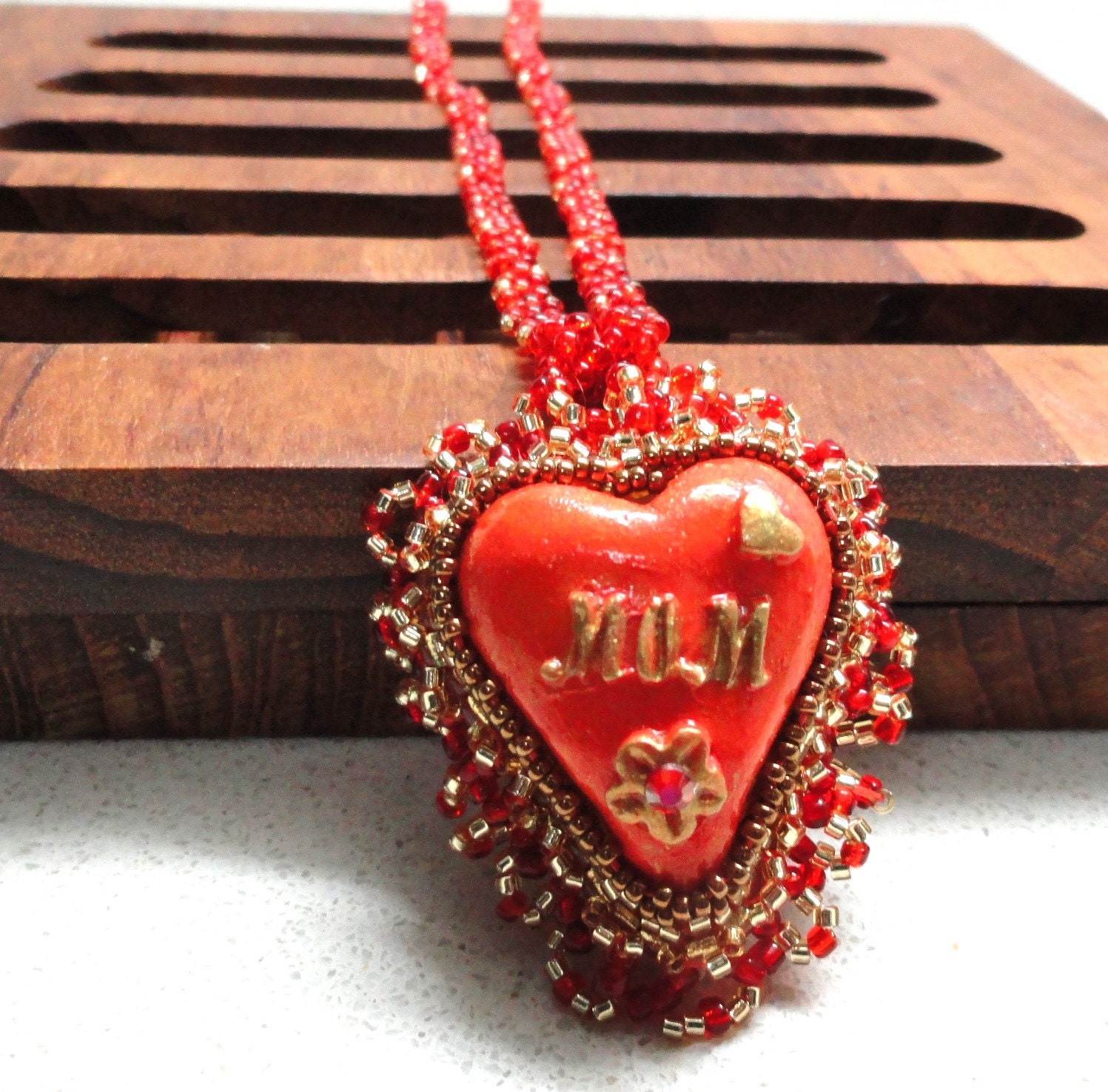 Jewelry necklace Handmade polymer clay pendant heart  orange beadwork MOM mother's day jewelry by artefyk