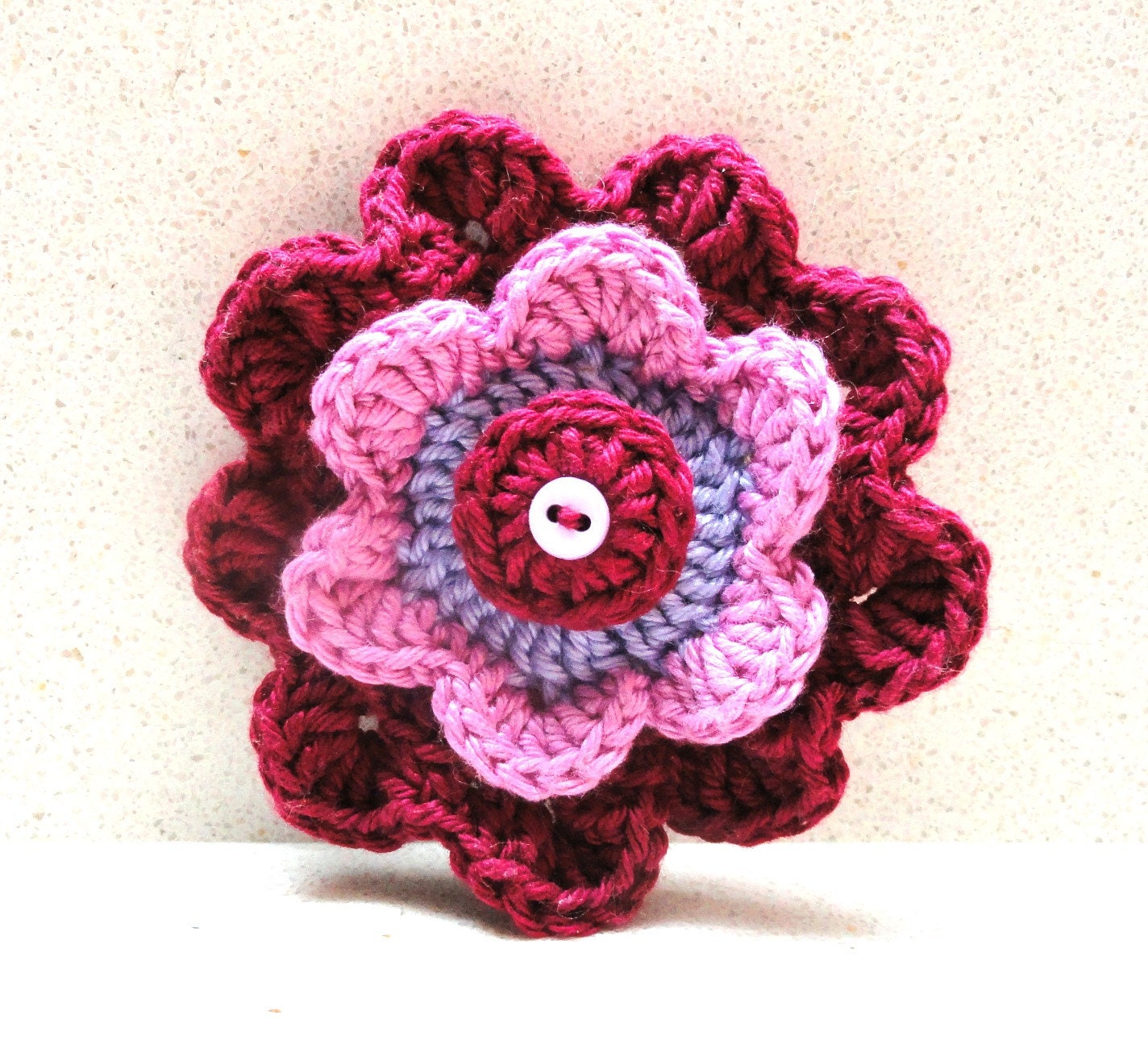 Supplies ornaments brooch Handmade CROCHETED FLOWER applique in purple , pink and bourdeaux by artefyk