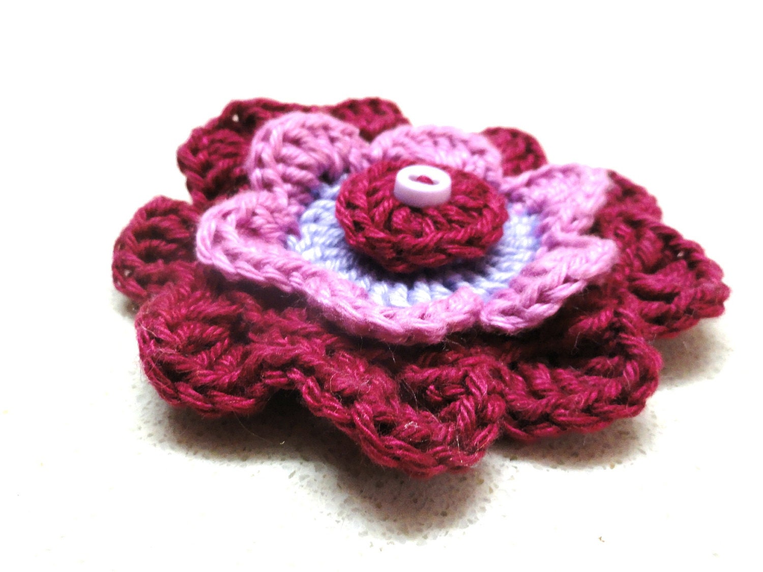 Supplies ornaments brooch Handmade CROCHETED FLOWER applique in purple , pink and bourdeaux by artefyk