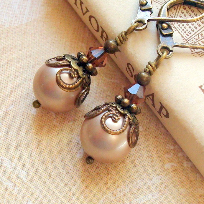 Pearl Earrings , Neo Victorian Jewelry , Antiqued Brass , Art Nouveau Style , Brass Earrings,  Powder Almond Swarovski Pearl