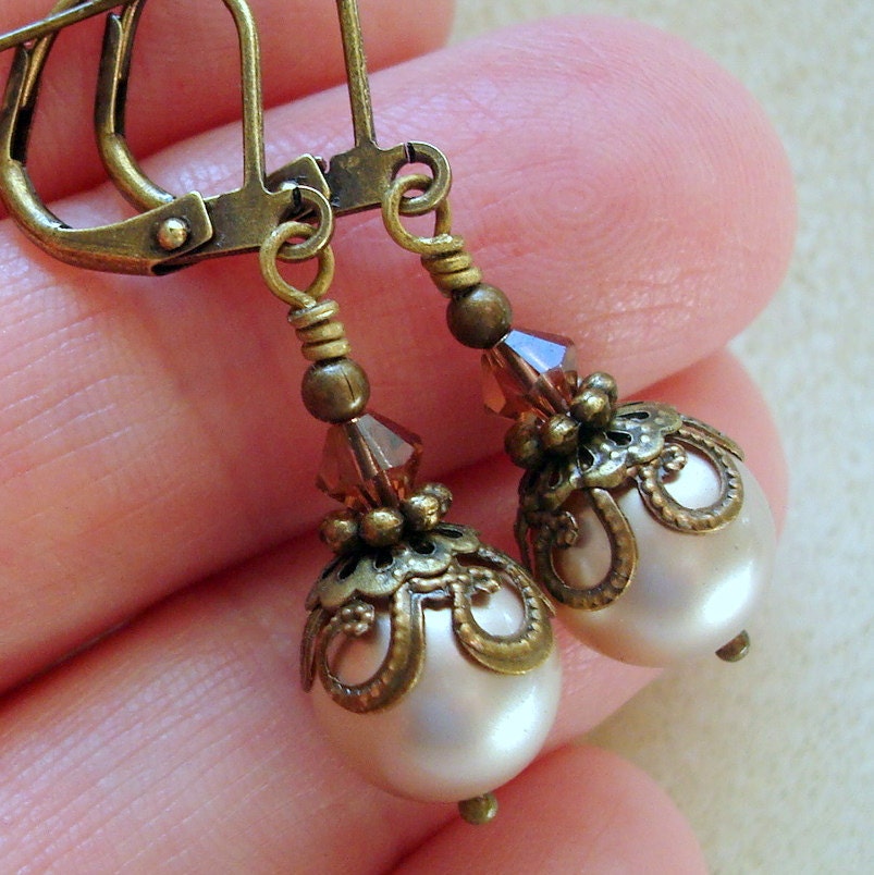 Pearl Earrings , Neo Victorian Jewelry , Antiqued Brass , Art Nouveau Style , Brass Earrings,  Powder Almond Swarovski Pearl