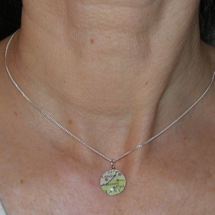 Petite Vintage Map Sterling Silver 16 inch Necklace.  You Select Journey.