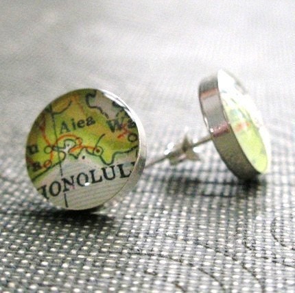 Simple Round Vintage Map Sterling Silver Stud Earrings. You Select the Journey.