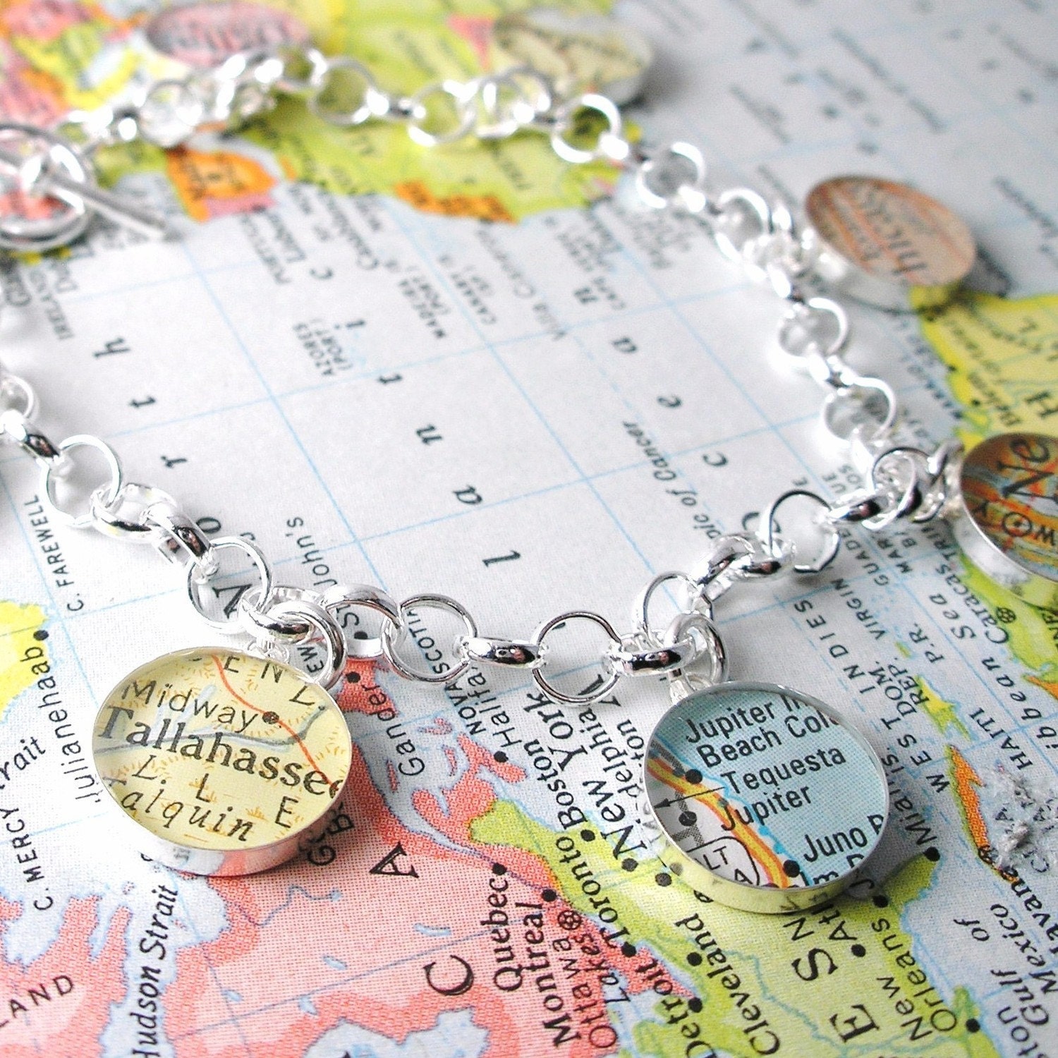 Charming Vintage Map Toggle Sterling Silver Charm Bracelet.  You Select the Journey.