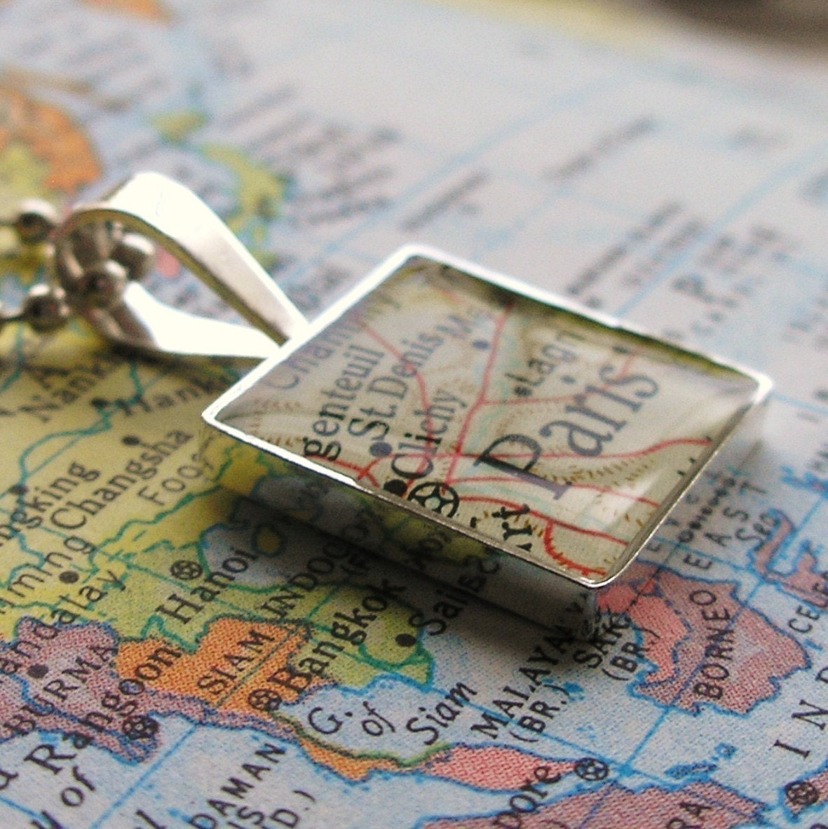 Vintage Map Sterling Silver Square Necklace.  You Select the Journey.