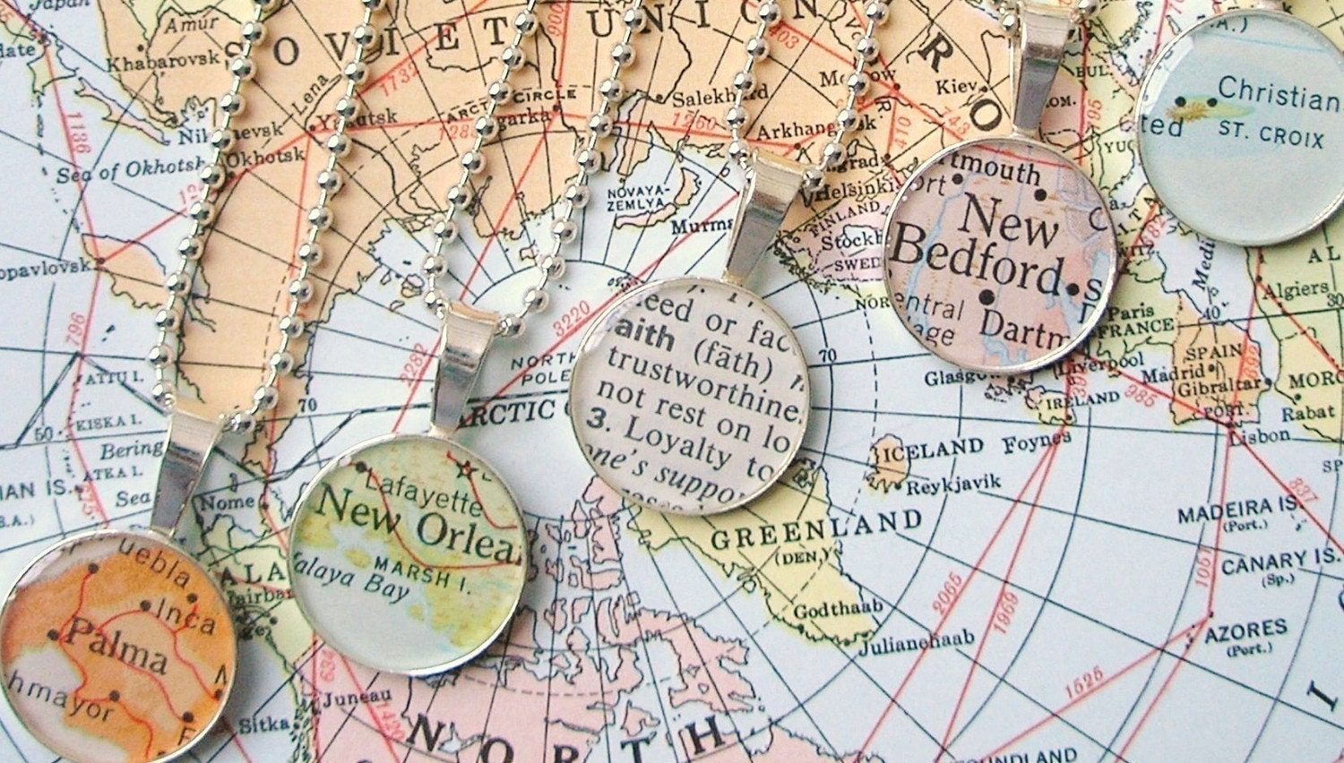 Vintage Map Sterling Silver Round Necklace.  You Select the Journey.