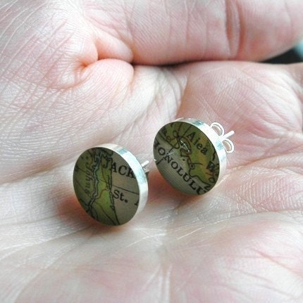 Simple Round Vintage Map Sterling Silver Stud Earrings. You Select the Journey.