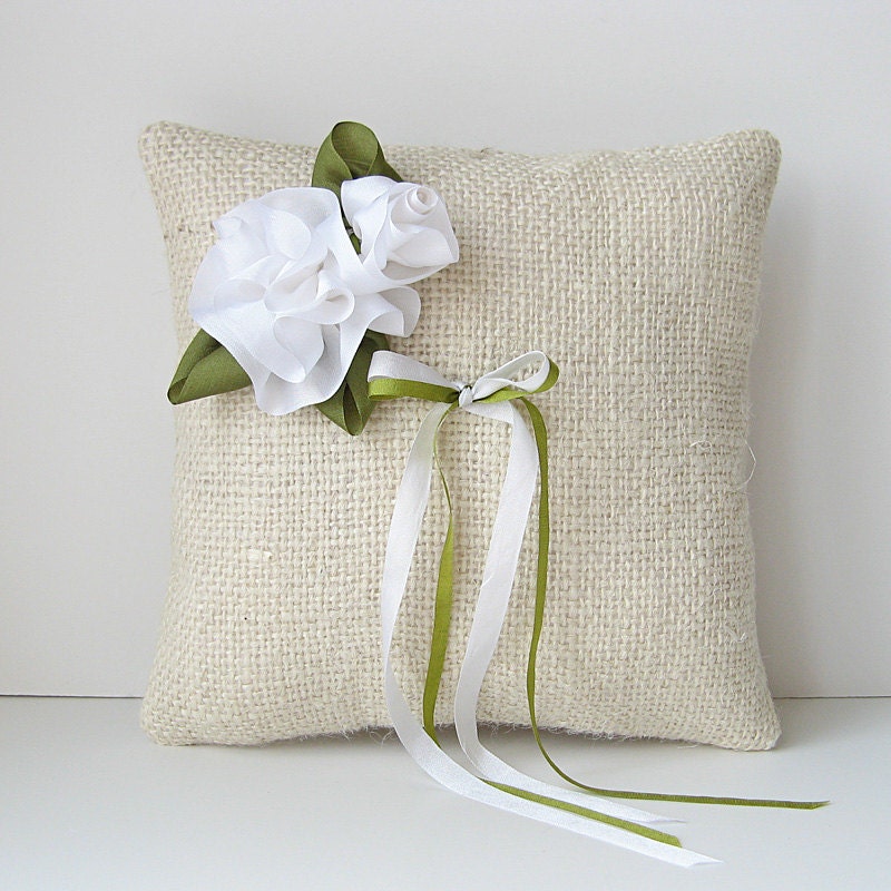 White Roses Ring Pillow rustic country wedding ivory burlap