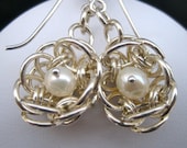 Silver Filled Helm Weave Flower Chainmaille Earrings with white freshwater pearls