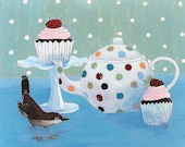 Print of Original Artwork 'Polka Dot Tea' Bird Cupcake Teapot - digiliodesigns