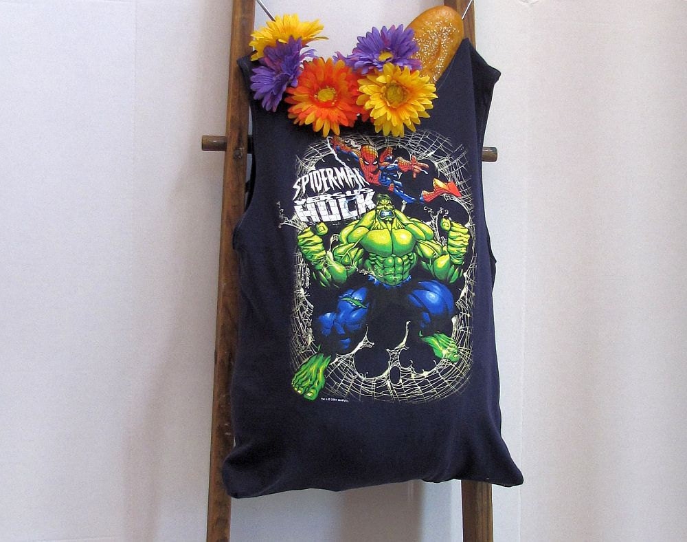 Grocery Market Tote The Hulk and Spiderman T-Shirt Bag by Fashion Green T Bags