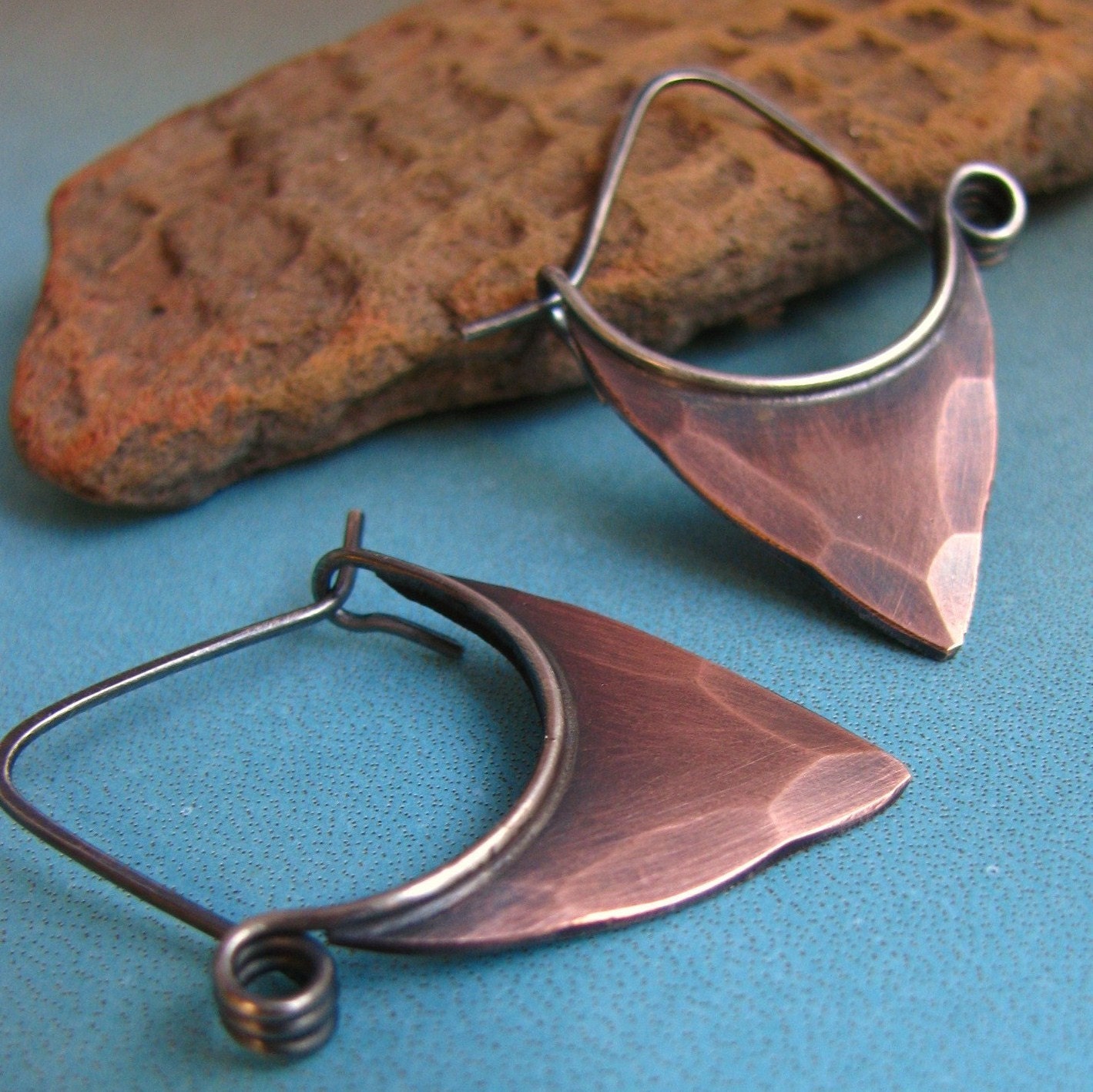 Rustic Copper Earrings With Sterling Silver -  Pixie Blade Hoops - Small Tribal Earrings