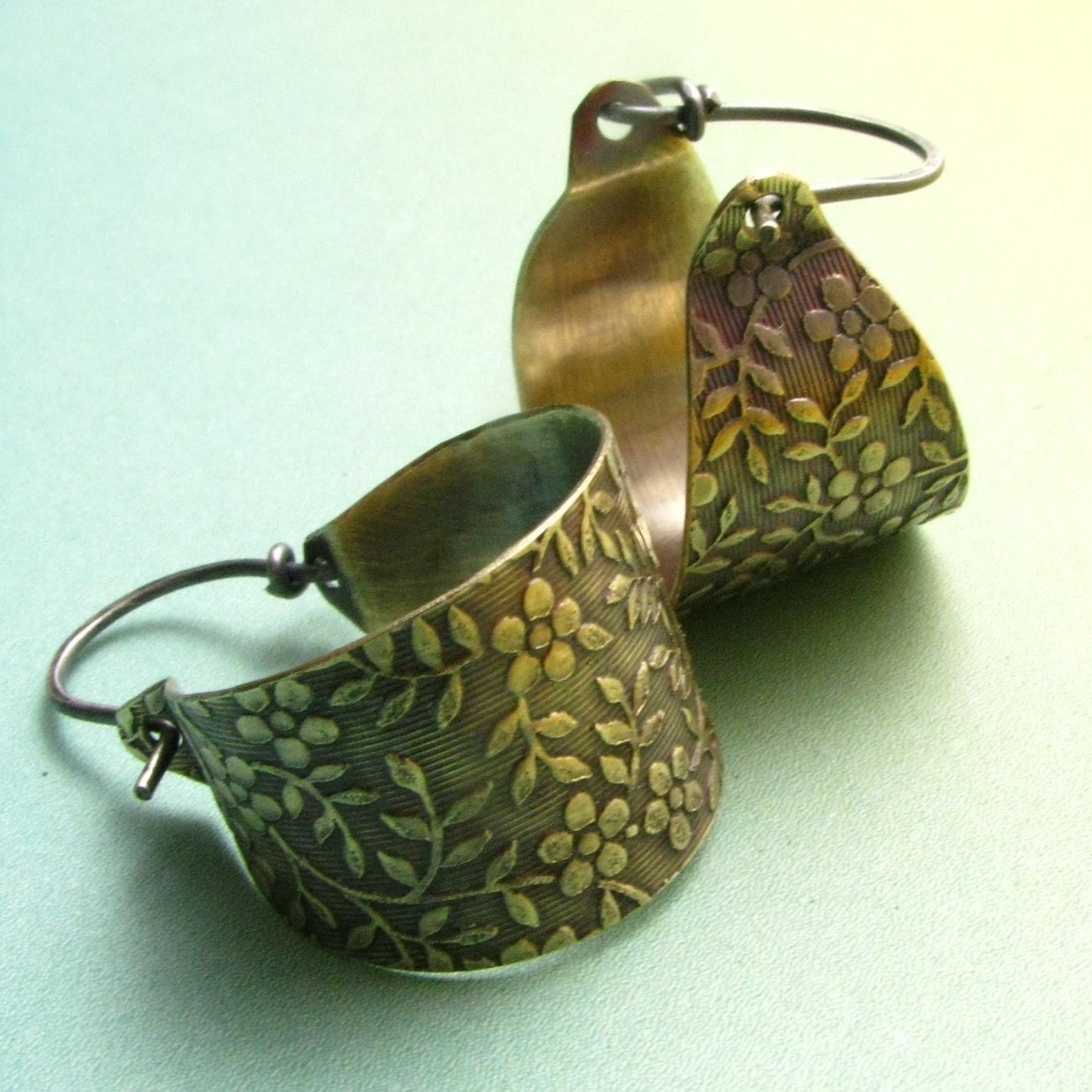Small Hoop Earrings Flower Pattern Brass And Sterling Silver Mixed Metal Basket Hoops