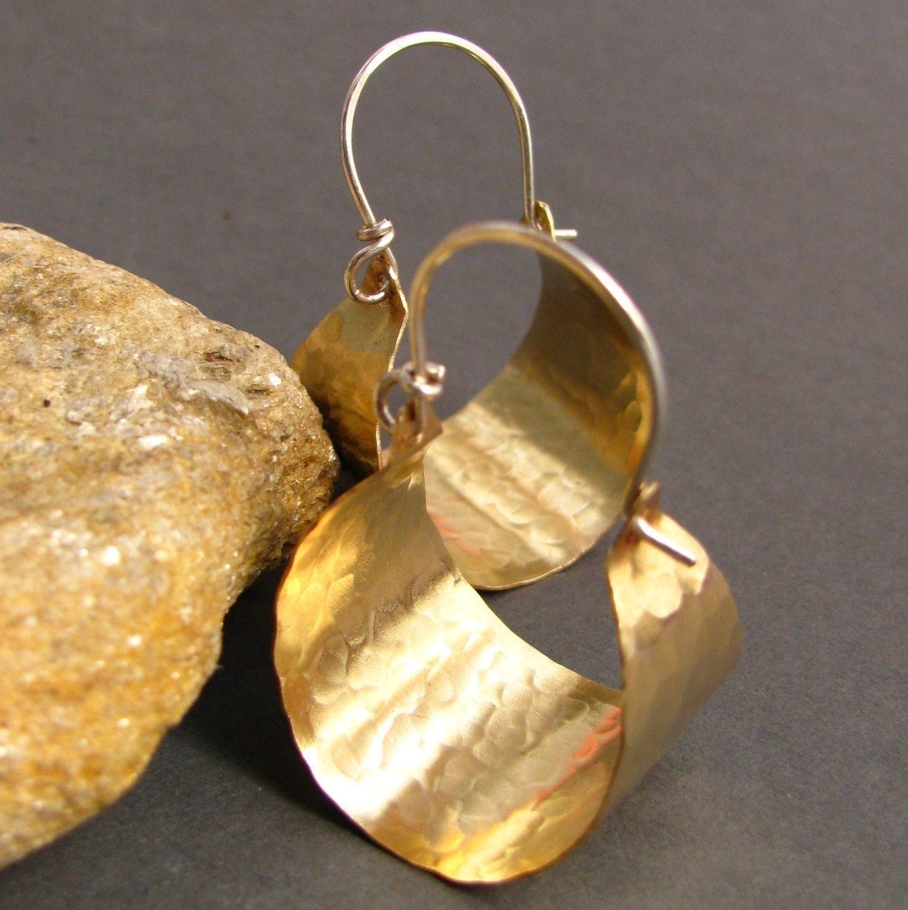 Handmade Hammered Brass Hoops  With  Sterling Silver -  Basket Hoop Earrings - Metalwork Jewelry