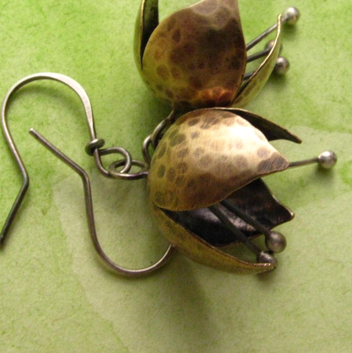 Tinkling Bell Flower Earrings Brass And Sterling Silver Mixed Metal Artisan Metalwork Jewelry