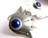 Lapis Lazuli Earrings - Sterling Silver Tribal Lotus Earrings - Metalsmith Blue Gemstone Lotus Jewelry