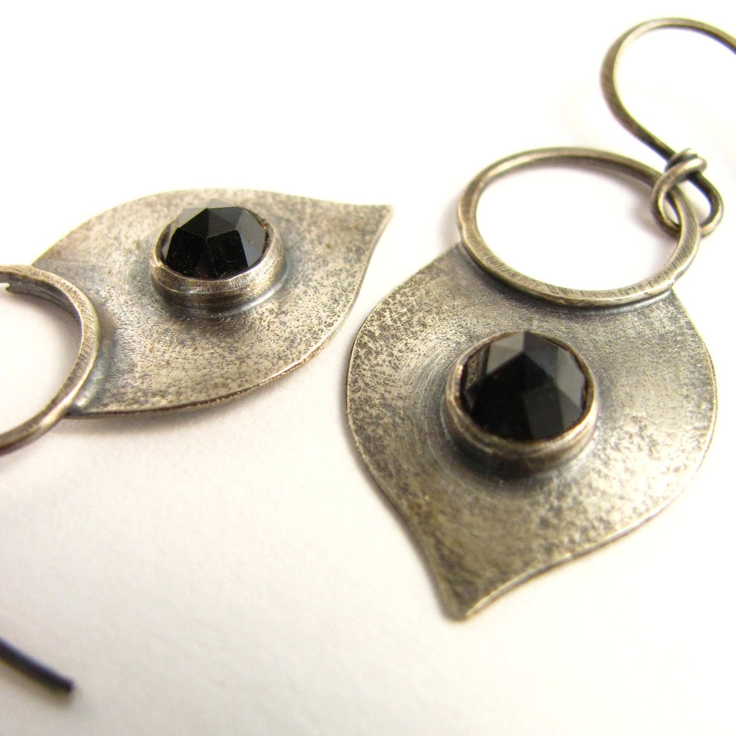 Black Spinel Earrings - Lotus Petal Sterling Silver Earrings - Metalsmith Black Gemstone Jewelry - Dangle
