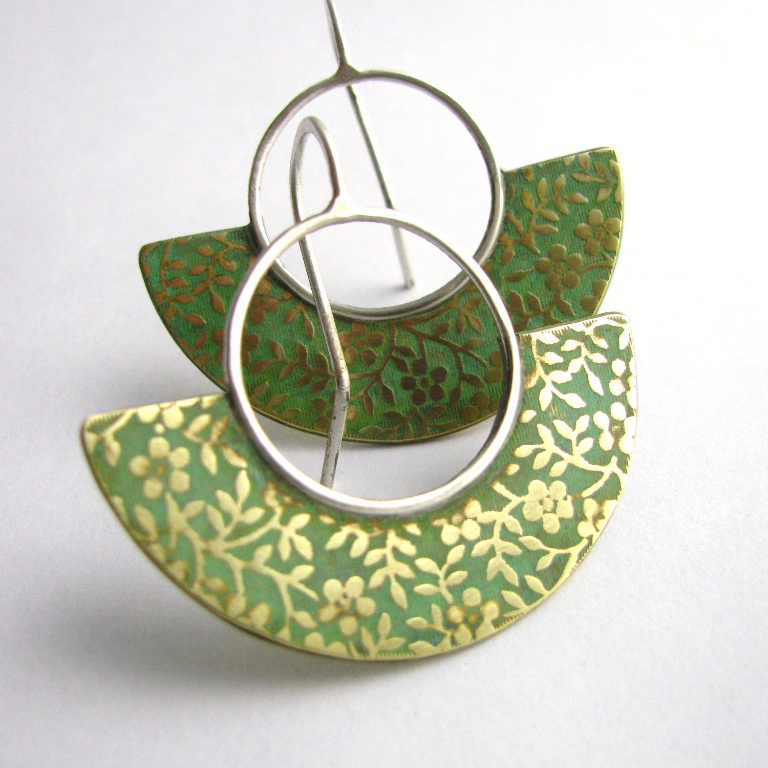 Mixed Metal Floral Verdigris Earrings - Green Patina Earrings - Brass And Sterling Silver Modern Contemporary Jewelry