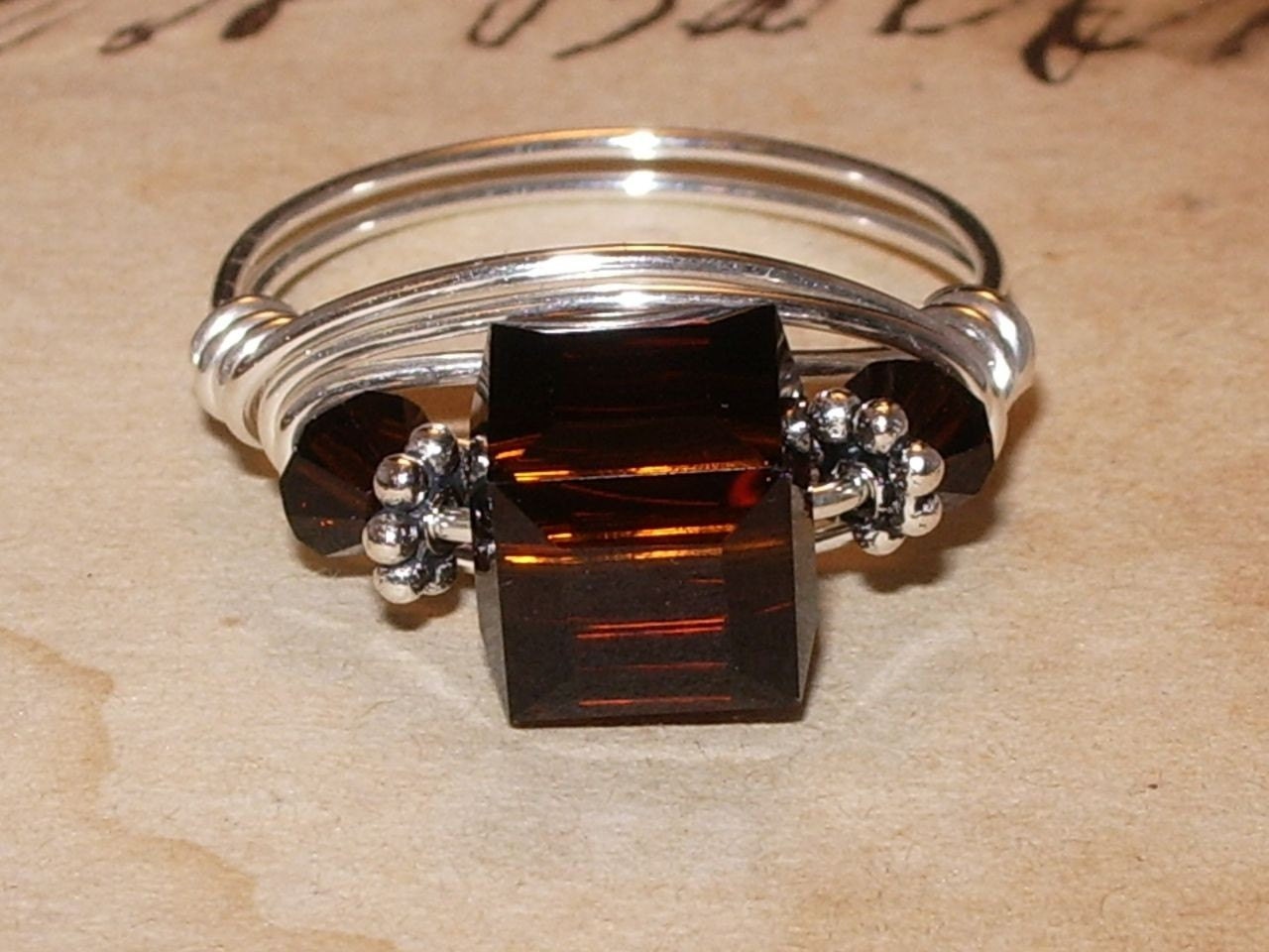 Swarovski 3 Stone Mocca Crystal and Sterling Silver Ring