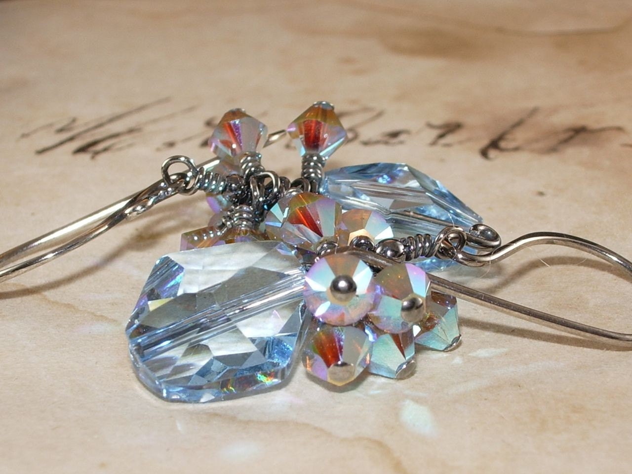 Light Blue Earrings, Swarovski, Aquamarine, 2X, AB, Crystal, Sterling Silver, Earrings, Stacked, Cluster, Oxidized, Handmade Jewelry