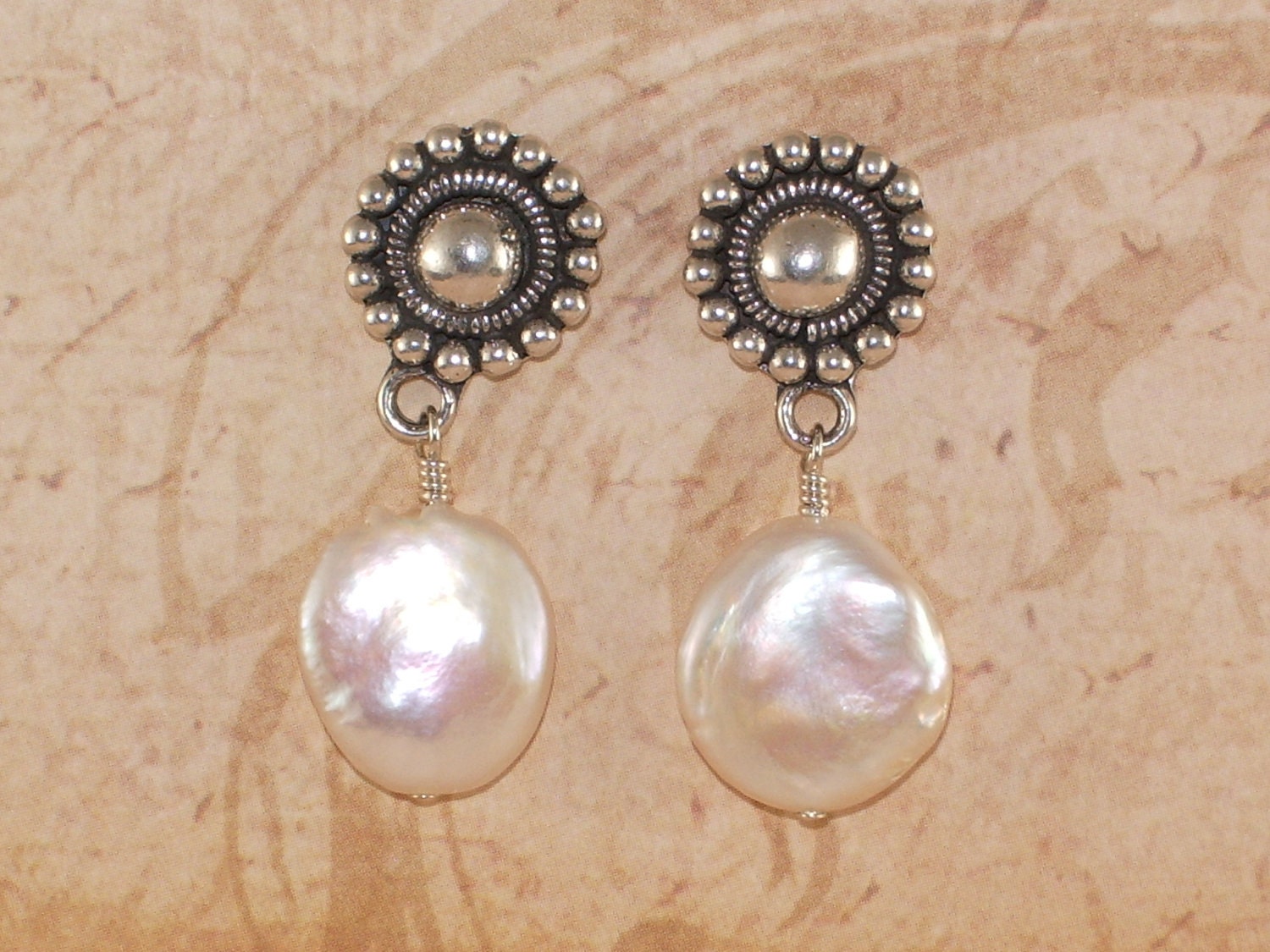 Freshwater Coin Peal and Sterling Silver Earrings, Post, Bali, Handmade Jewelry