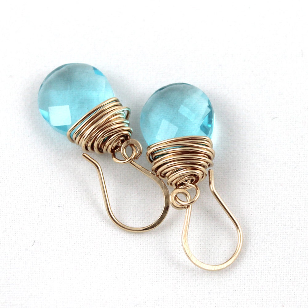 Gold Filled Wire Wrapped Earrings, Gold Jewelry, Everyday Earrings, Blue Quartz Earrings, Dangle Earrings, Blue Topaz Earrings