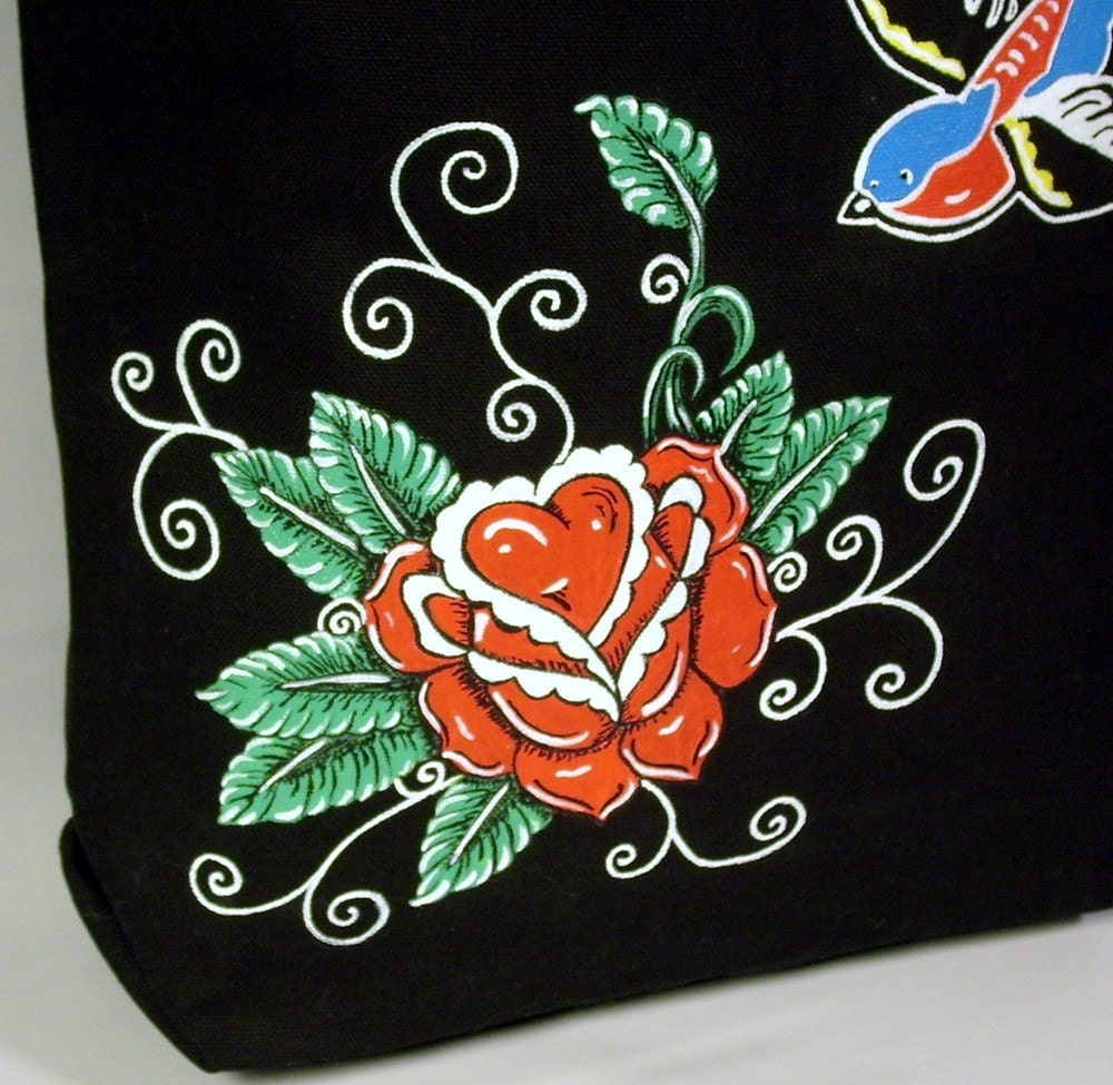 SALE Hand Painted Tote Bag Large Tattoo Rose and Sparrow Design  Black Canvas Bag One of  a Kind Rockabilly Free Shipping and Reduced Price