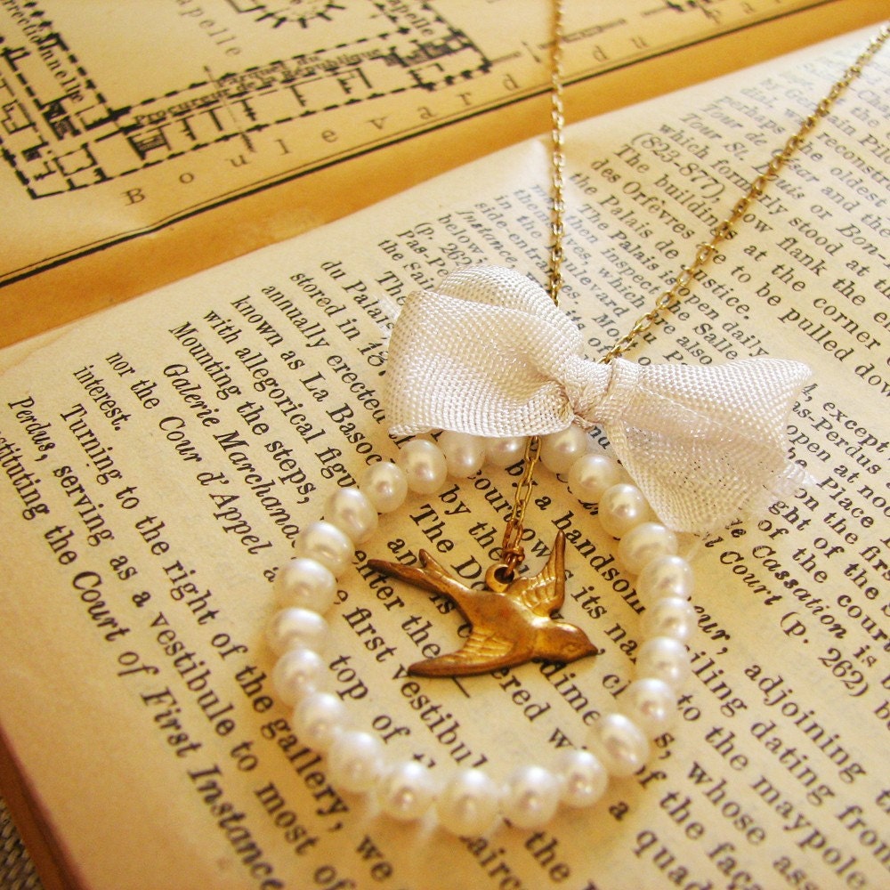 Longbourne . Pearl Ring, Tiny Bird, and Millinery Silk