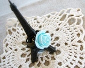 Helena . Large Blue Rose and Brass Filigree Adjustable Ring