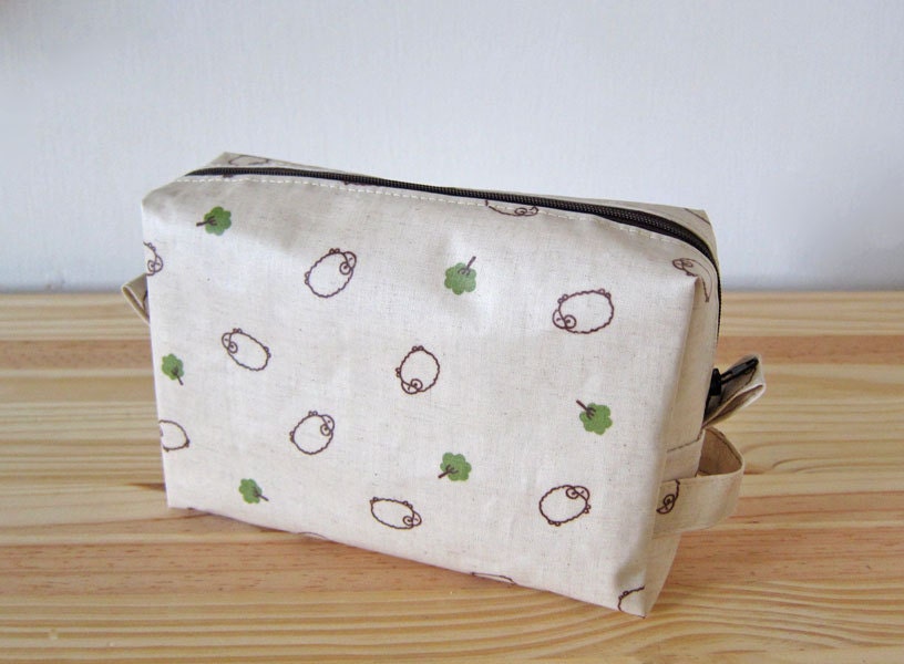Laminated Linen Cosmetic Pouch vinyl lining -- Japanese Zakka Sheep