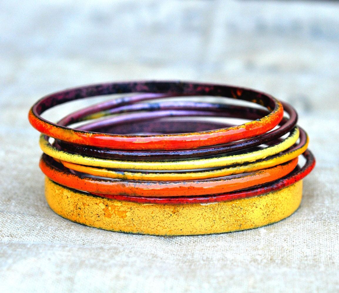 S A L E - Handcrafted Bangle Set - 'Jaffa' - Orange & Tangerine Toned Enamel Bracelets