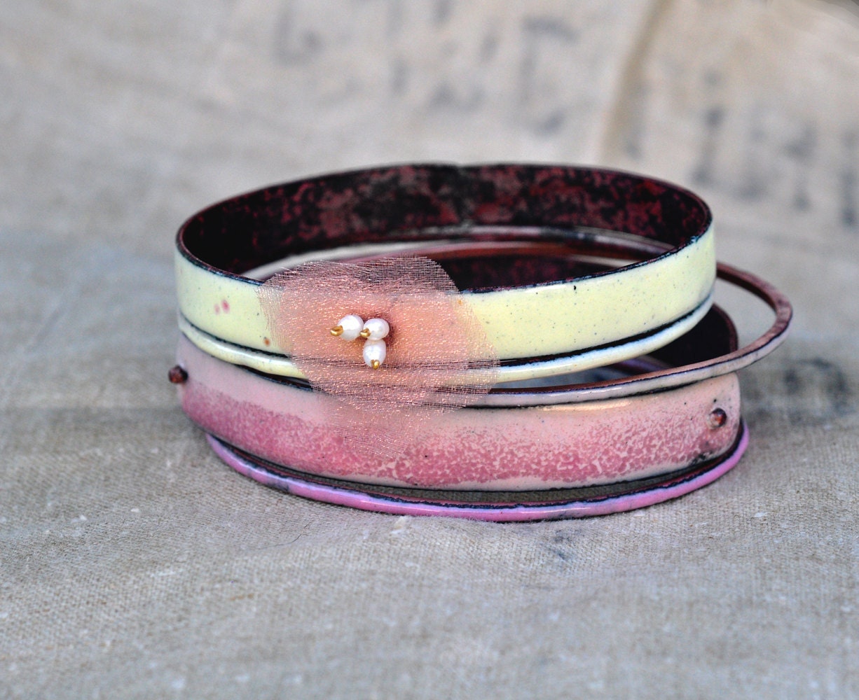 Handmade Bangle Set - Le Petit Trianon - Enamel & Pearl Bracelets