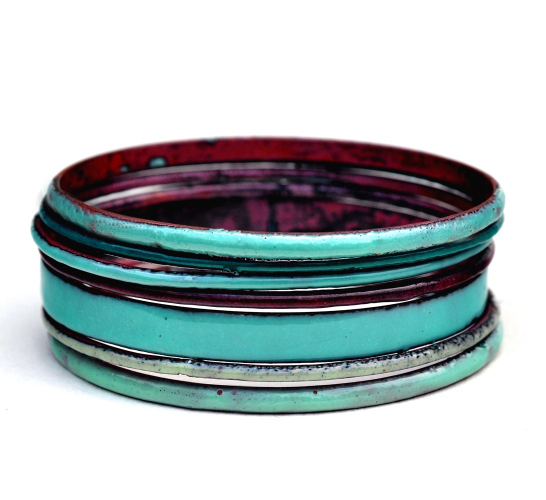 S A L E - Handcrafted Bangle Set - 'Scallywag' - Seafoam Toned Enamel Bracelets