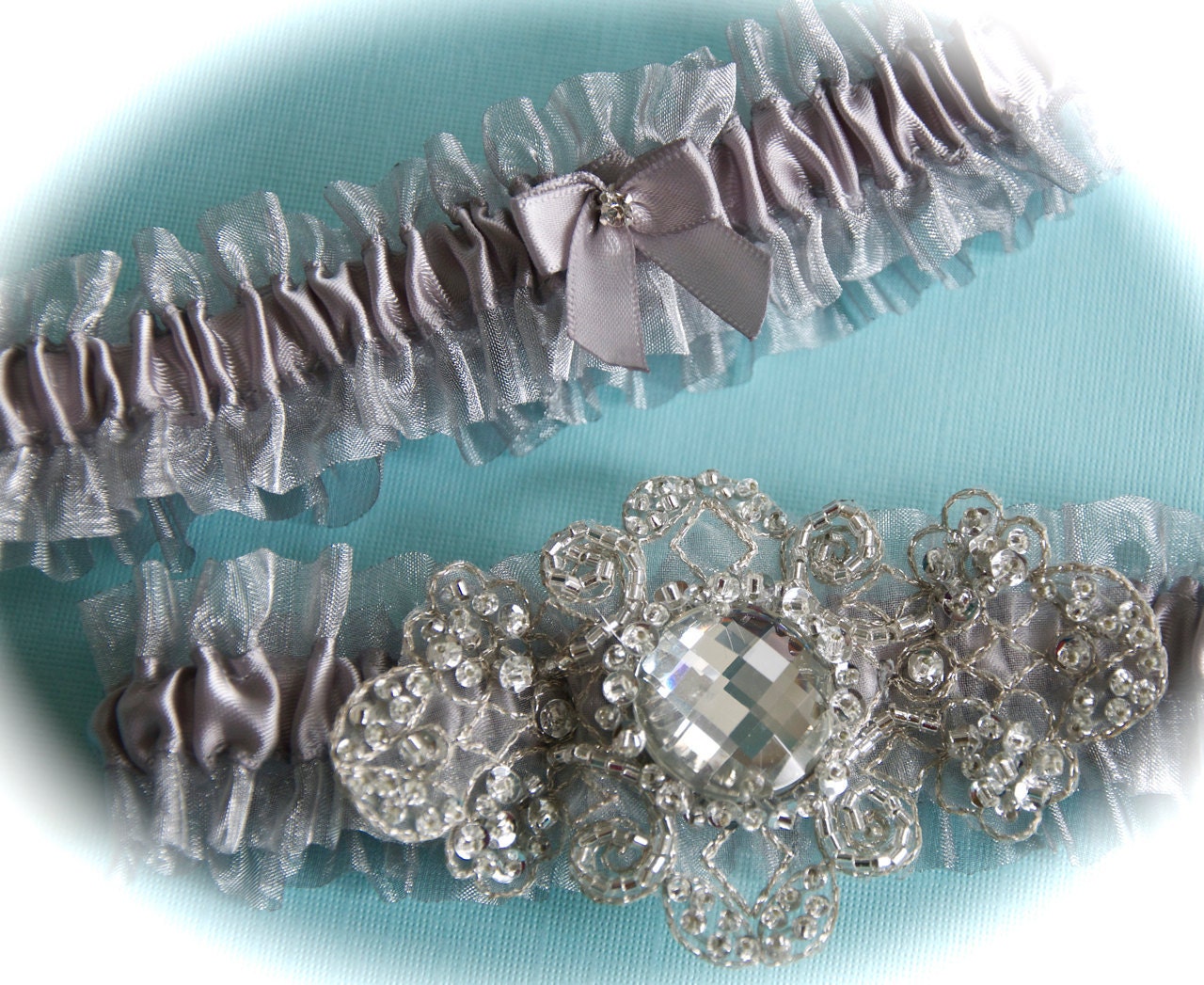 Elegant in Platinum Garter set in Sheer Organza and Satin Ribbon.