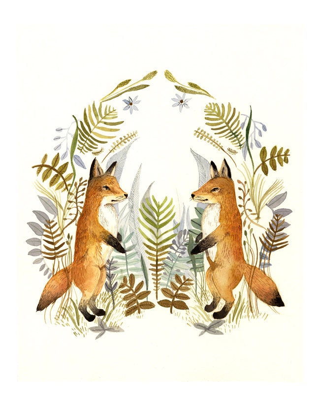 fox art, fox watercolor, Watercolor painting- reproduction- "Foxes and Ferns" print of watercolor painting